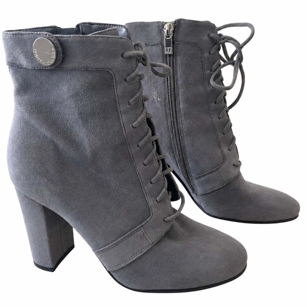 Ivanka Trump Women Ankle Boots Size 6M Gray Suede Lace Up Block Heel Side Zip